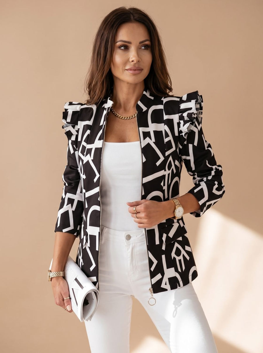 Women's Patterned Blazer with Ruffled Shoulders | Amelie in Black - Juana Fashion