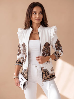 Women's Patterned Blazer with Ruffled Shoulders | Amelie in Black - Juana Fashion
