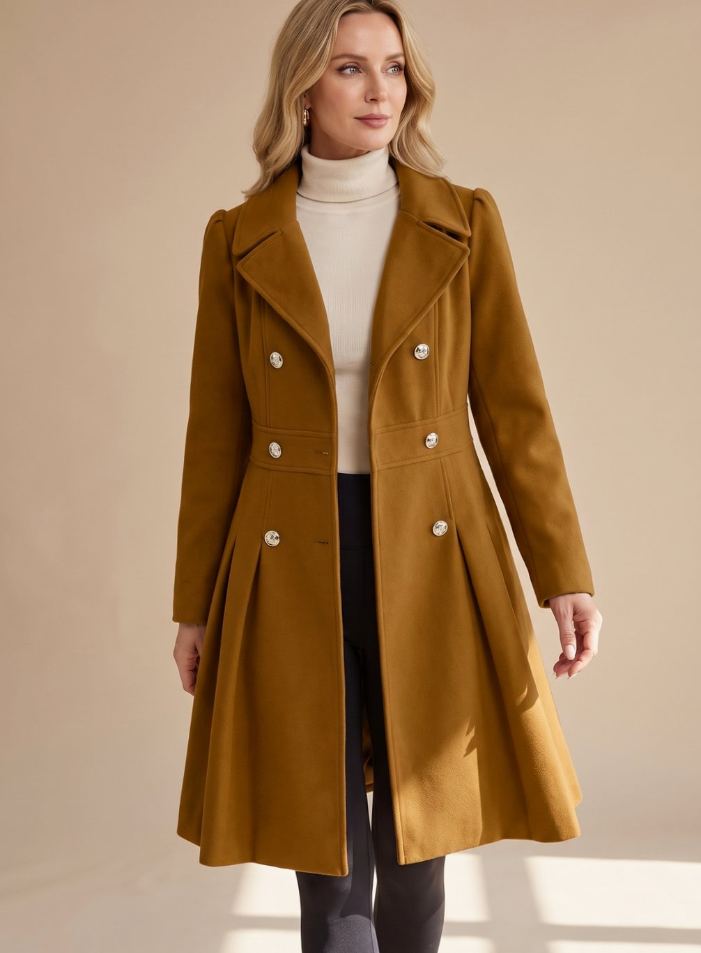 Women's Tailored Flared Wool Coat | Greta in Navy - Juana Fashion