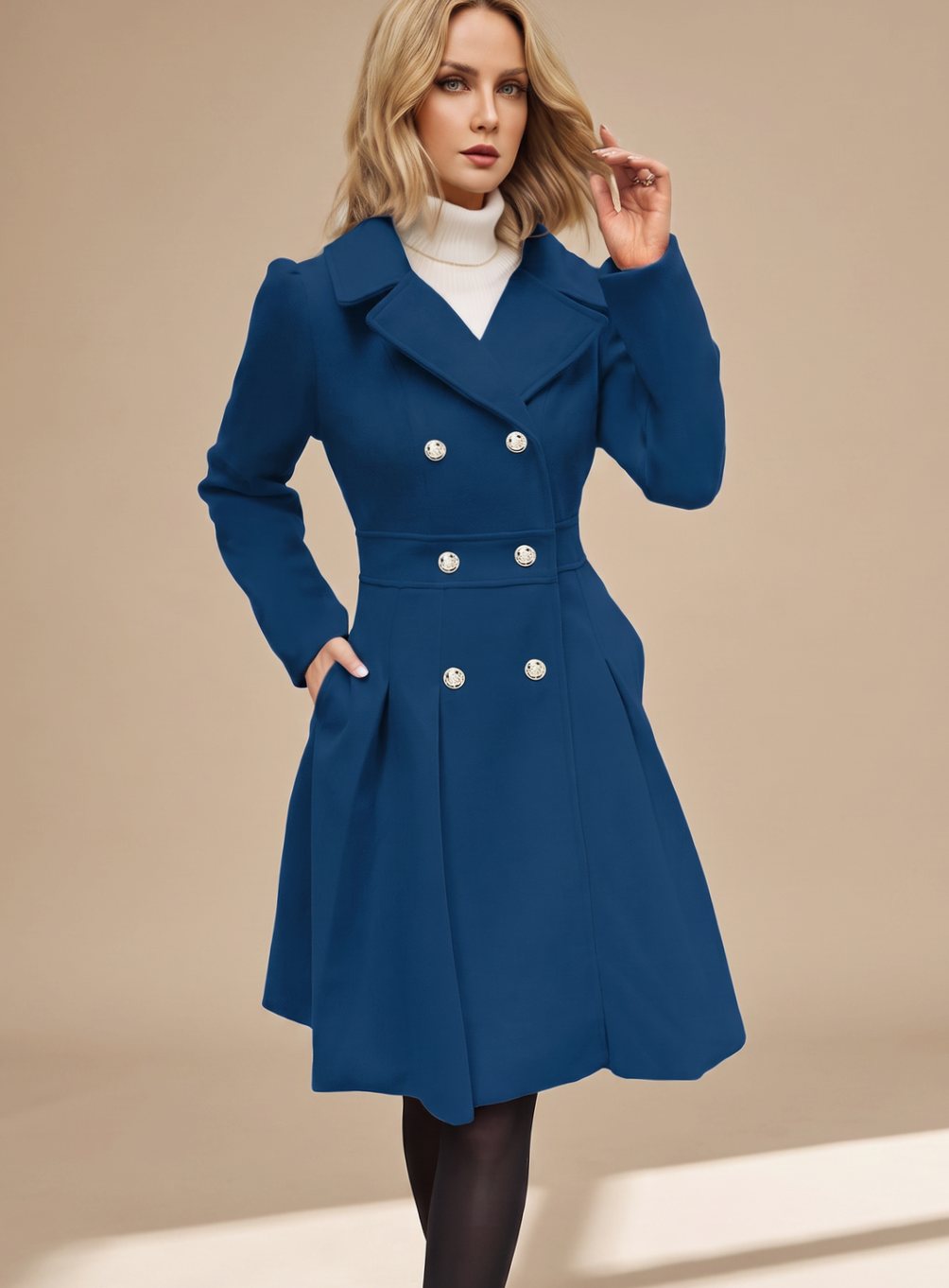 Women's Tailored Flared Wool Coat | Greta in Navy - Juana Fashion