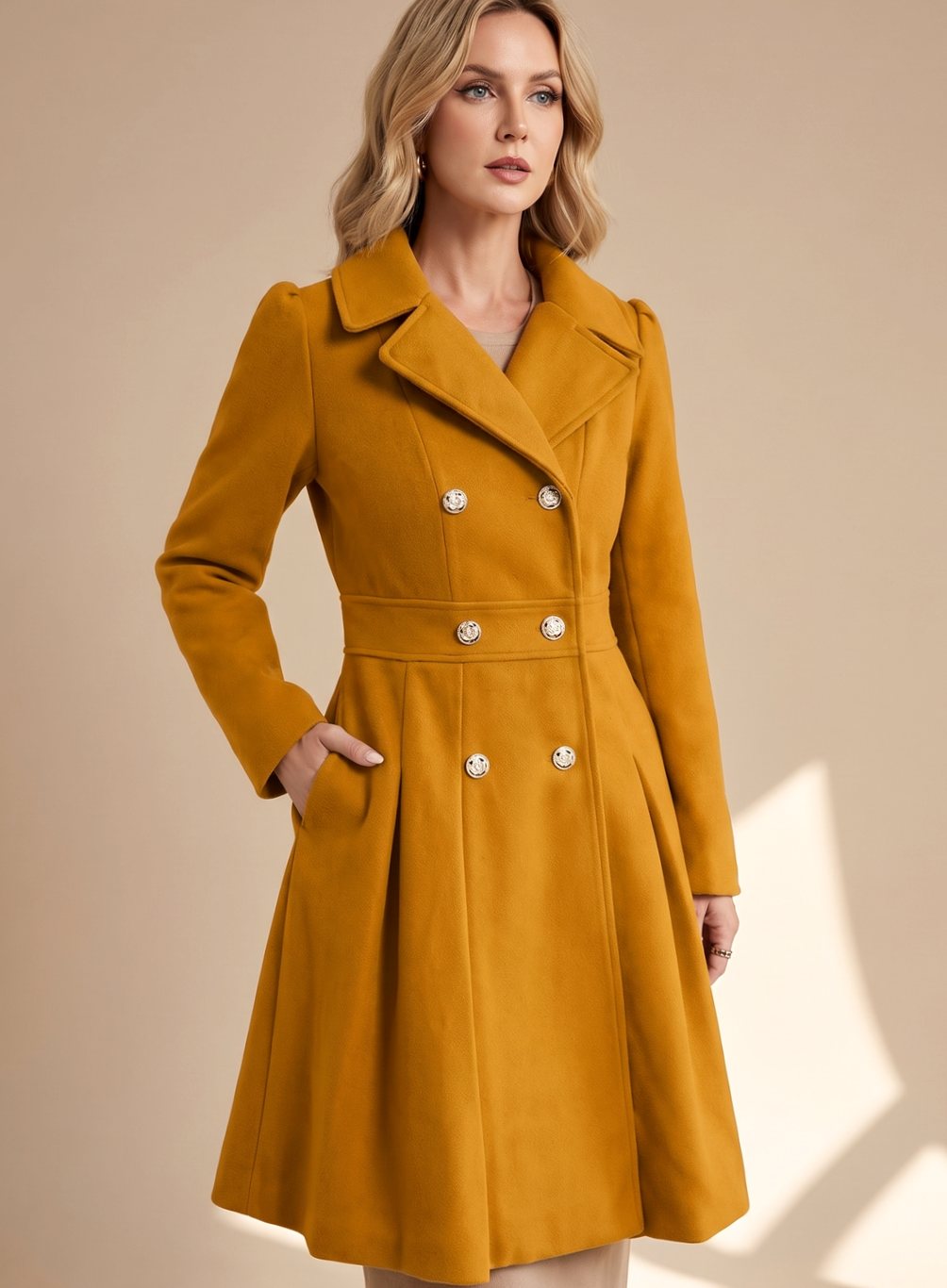 Women's Tailored Flared Wool Coat | Greta in Yellow - Juana Fashion