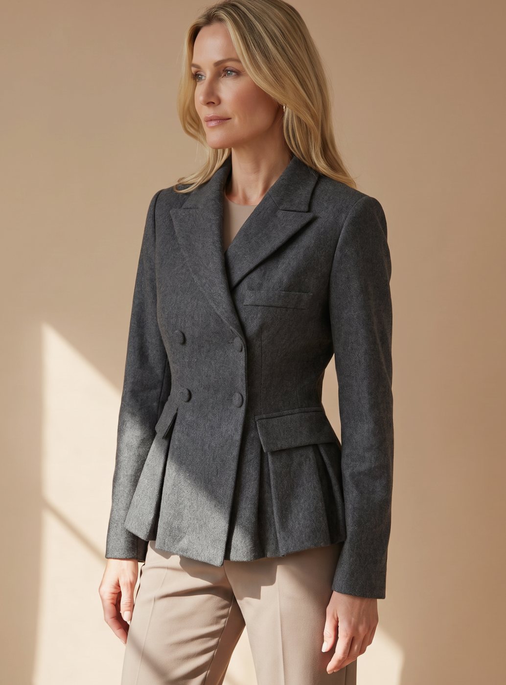 Women's Fitted Double-Breasted Peplum Blazer | Greta in Dark Gray - Juana Fashion