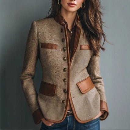 Women's Fitted Tweed Blazer with Faux Leather Details | Marlene in Brown - Juana Fashion