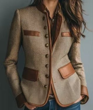Women's Fitted Tweed Blazer with Faux Leather Details | Marlene in Brown - Juana Fashion