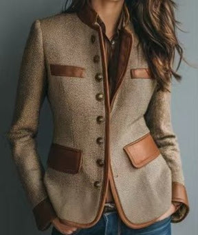 Women's Fitted Tweed Blazer with Faux Leather Details | Marlene in Brown - Juana Fashion