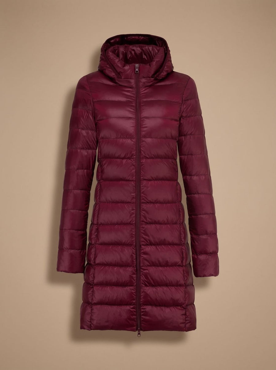 Women's Ultralight Long Hooded Quilted Jacket | Nora in Burgundy - Juana Fashion