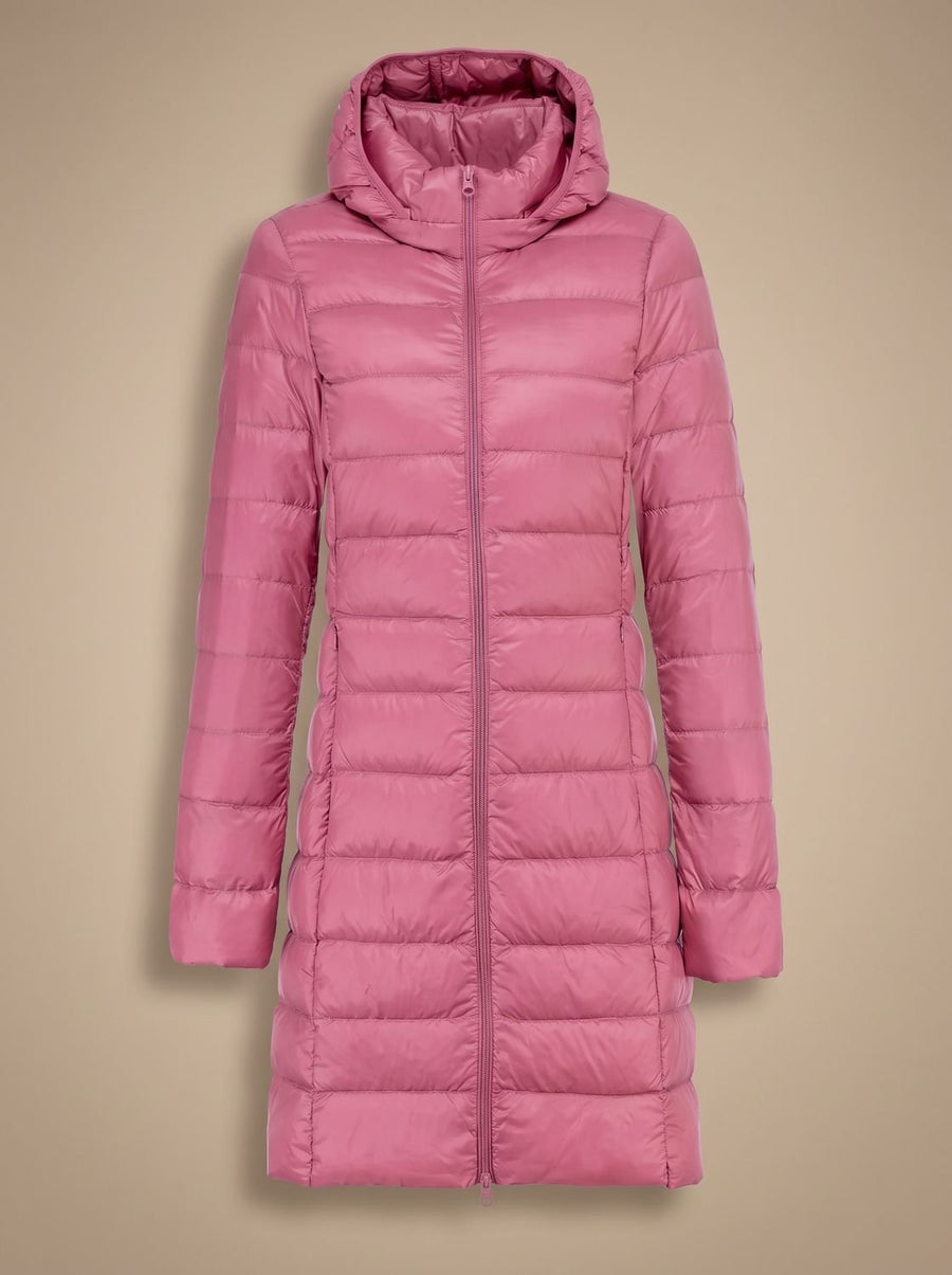 Women's Ultralight Long Hooded Quilted Jacket | Nora in Burgundy - Juana Fashion