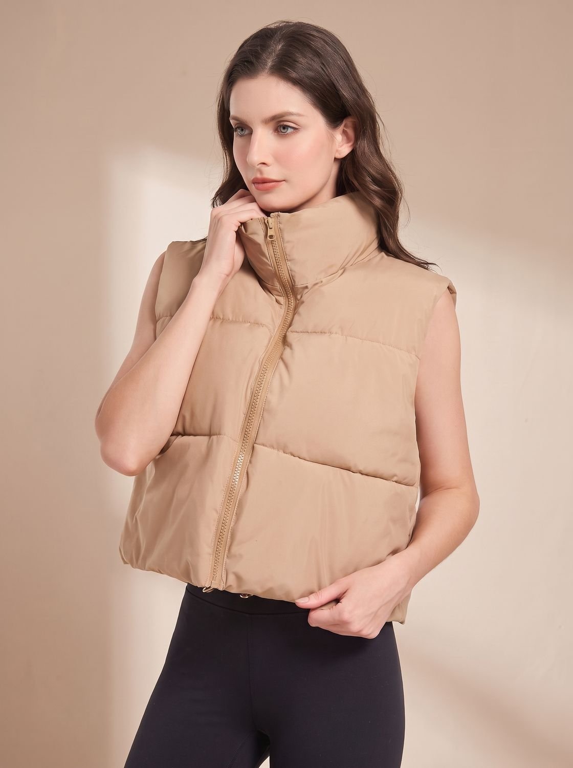 Women's Ultralight Cropped Quilted Vest | Annika in Khaki - Juana Fashion