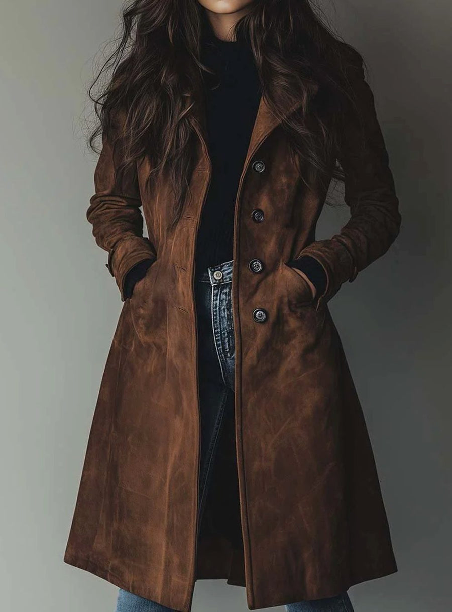Women's Vintage-Style Double-Breasted Faux Suede Trench Coat | Lena in Brown - Juana Fashion