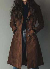 Women's Vintage-Style Double-Breasted Faux Suede Trench Coat | Lena in Brown - Juana Fashion
