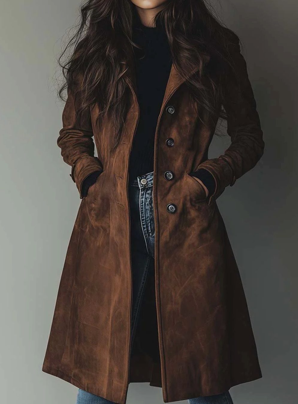 Women's Vintage-Style Double-Breasted Faux Suede Trench Coat | Lena in Brown - Juana Fashion
