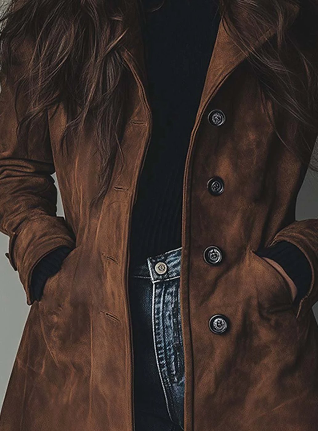 Women's Vintage-Style Double-Breasted Faux Suede Trench Coat | Lena in Brown - Juana Fashion