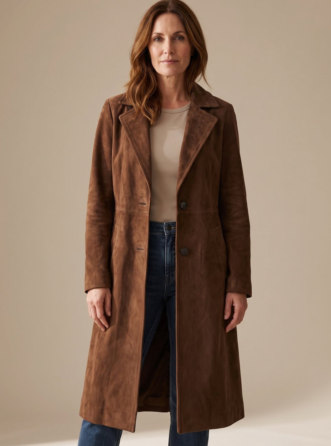 Women's Vintage-Style Double-Breasted Faux Suede Trench Coat | Lena in Navy - Juana Fashion