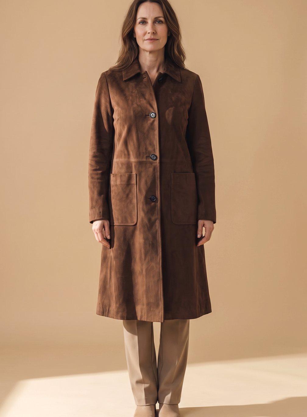 Women's Vintage-Style Double-Breasted Faux Suede Trench Coat | Lena in Navy - Juana Fashion