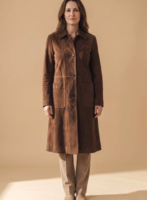 Women's Vintage-Style Double-Breasted Faux Suede Trench Coat | Lena in Navy - Juana Fashion