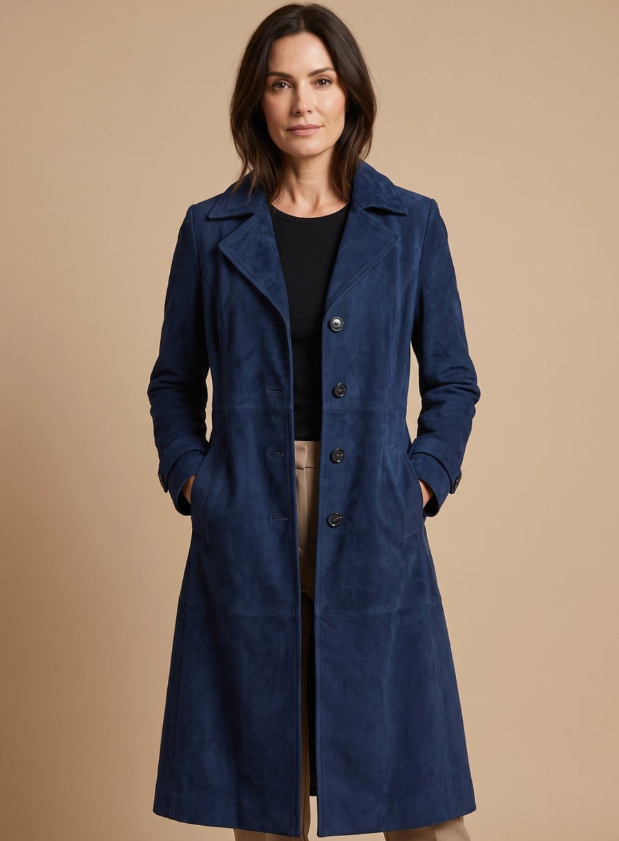 Women's Vintage-Style Double-Breasted Faux Suede Trench Coat | Lena in Brown - Juana Fashion