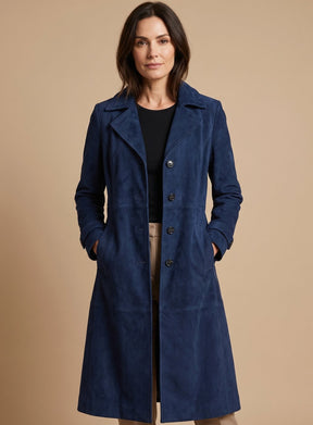 Women's Vintage-Style Double-Breasted Faux Suede Trench Coat | Lena in Brown - Juana Fashion