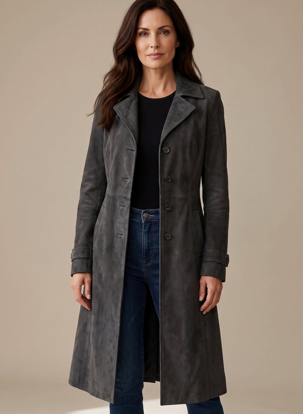 Women's Vintage-Style Double-Breasted Faux Suede Trench Coat | Lena in Brown - Juana Fashion
