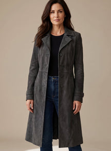 Women's Vintage-Style Double-Breasted Faux Suede Trench Coat | Lena in Brown - Juana Fashion