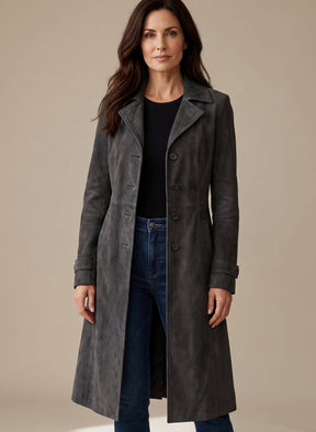 Women's Vintage-Style Double-Breasted Faux Suede Trench Coat | Lena in Brown - Juana Fashion