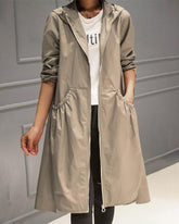 Women's Long Water-Repellent Hooded Trench Coat | Charlotte in Khaki - Juana Fashion