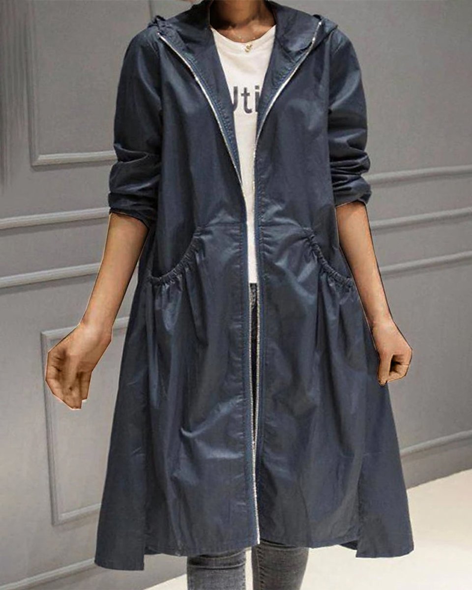 Women's Long Water-Repellent Hooded Trench Coat | Charlotte in Khaki - Juana Fashion