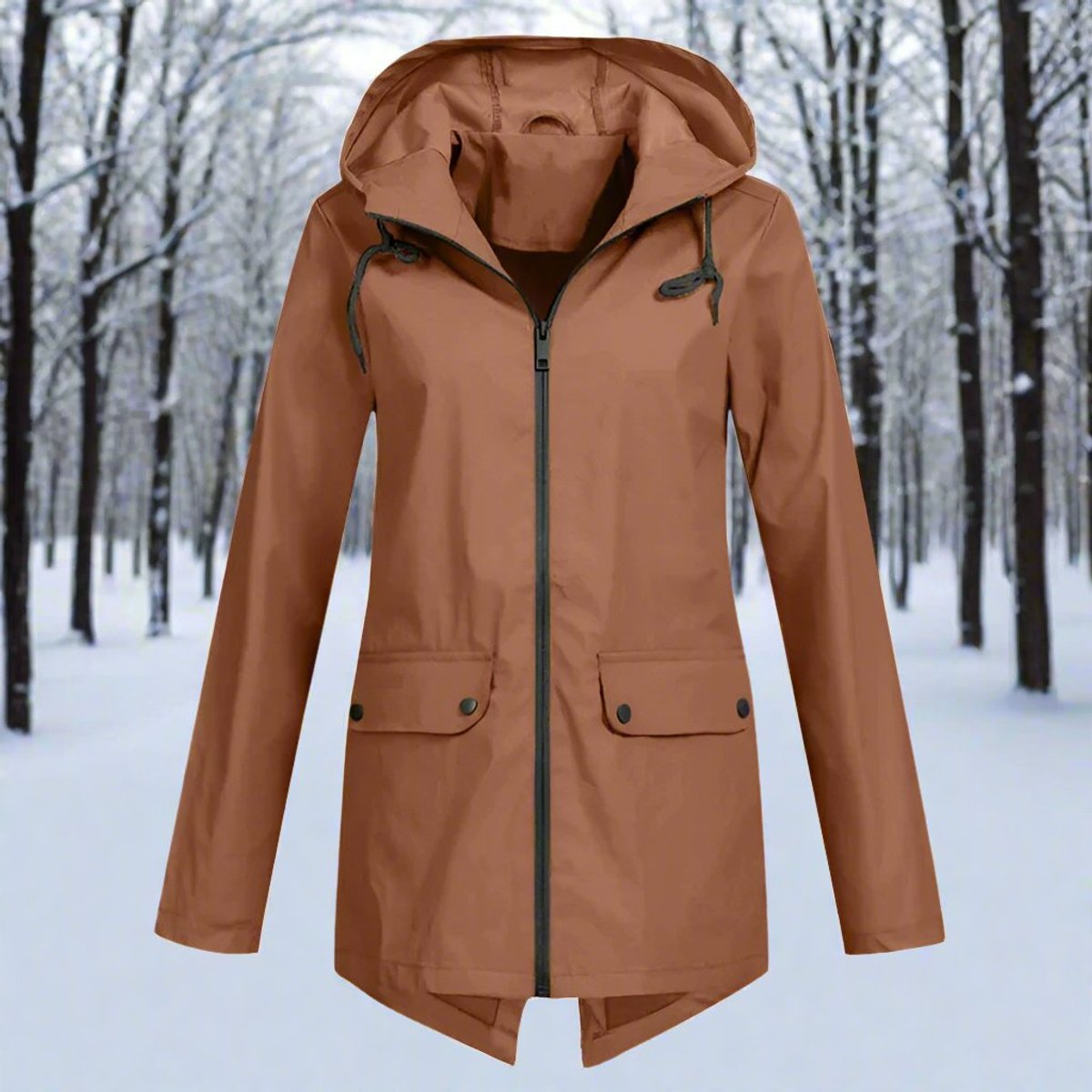 Women's Rain Jacket with Zippered Pockets | Emilia in Coffee - Juana Fashion