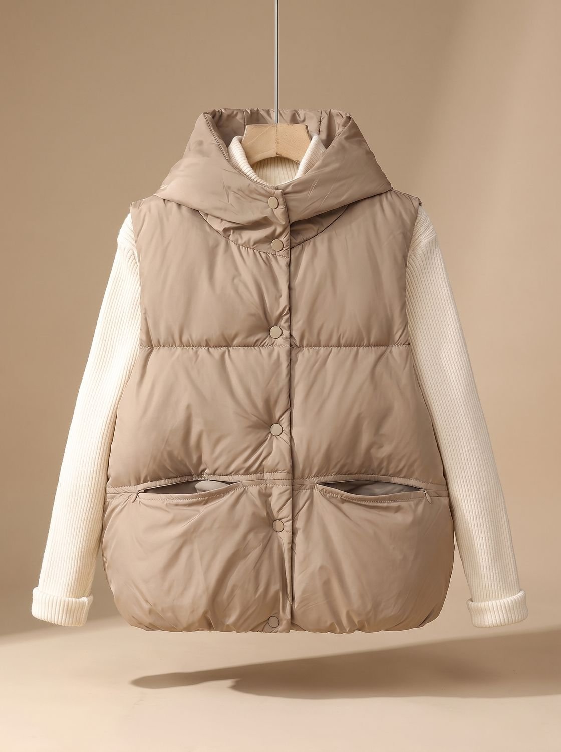 Women's Insulated Hooded Snap-Front Vest | Leonie in Khaki - Juana Fashion