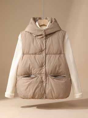 Women's Insulated Hooded Snap-Front Vest | Leonie in Khaki - Juana Fashion