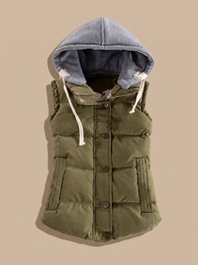 Women's Insulated Vest with Contrast Hood | Charlotte in Olive Green - Juana Fashion