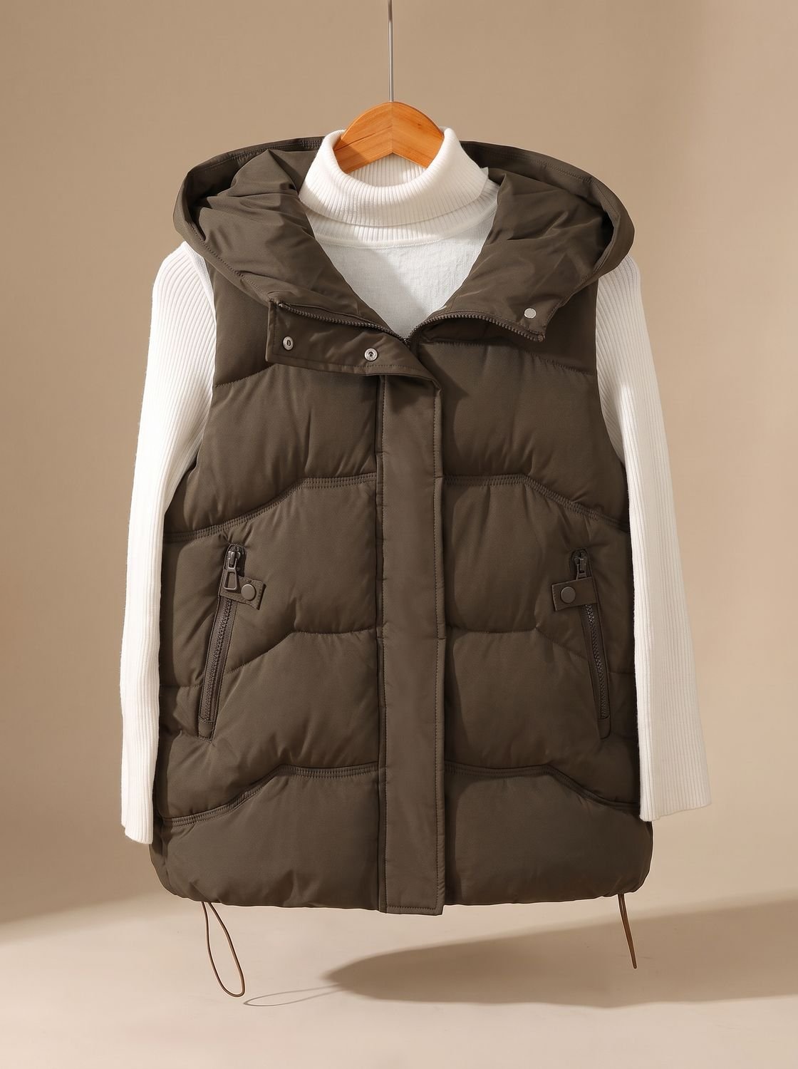 Women's Insulated Hooded Vest with Zippered Pockets | Annika in Brown - Juana Fashion