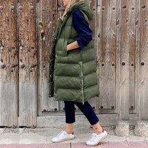 Women's Long Hooded Quilted Vest | Lena in Army Green - Juana Fashion