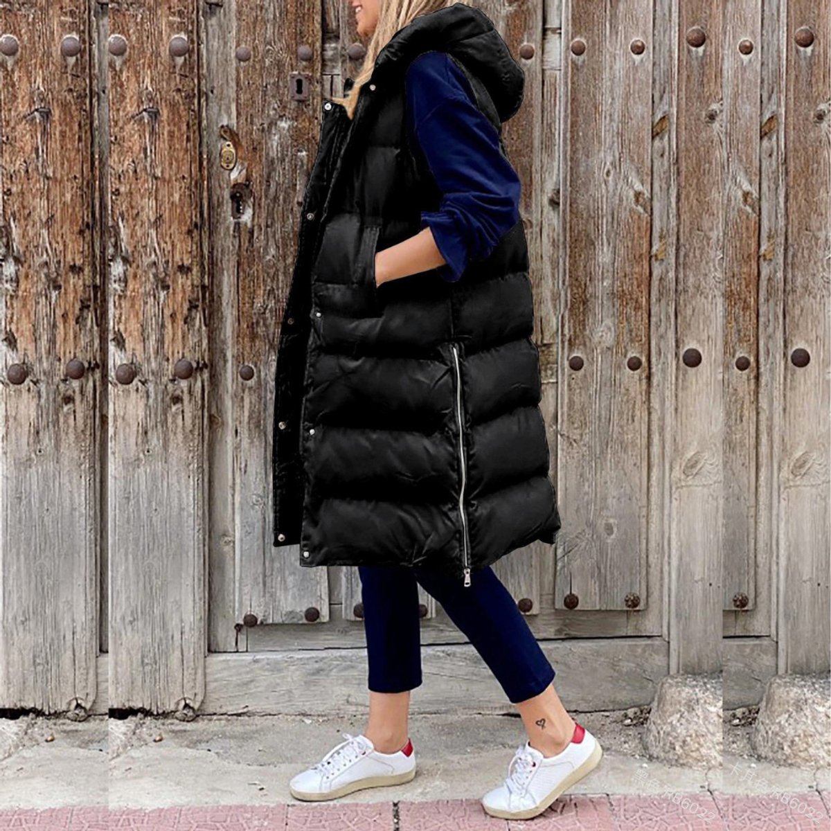 Women's Long Hooded Quilted Vest | Lena in Army Green - Juana Fashion