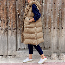 Women's Long Hooded Quilted Vest | Lena in Army Green - Juana Fashion