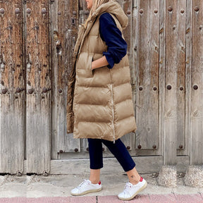 Women's Long Hooded Quilted Vest | Lena in Army Green - Juana Fashion