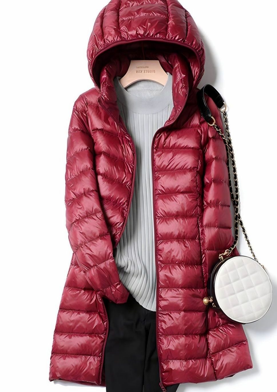 Women's Long Quilted Jacket with Detachable Hood | Hannah in Black - Juana Fashion