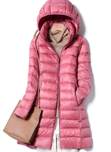Women's Long Quilted Jacket with Detachable Hood | Hannah in Pink - Juana Fashion