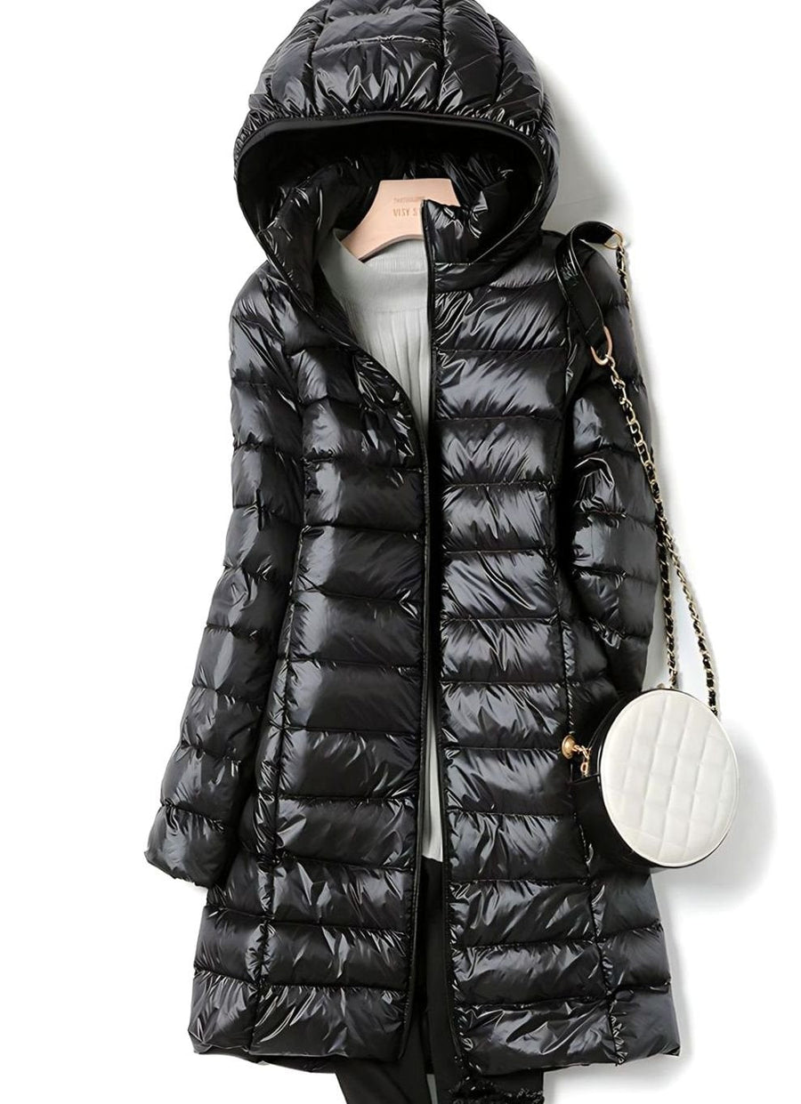 Women's Long Quilted Jacket with Detachable Hood | Hannah in Pink - Juana Fashion