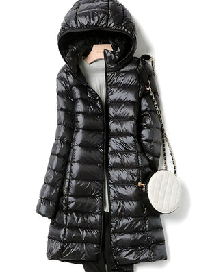 Women's Long Quilted Jacket with Detachable Hood | Hannah in Pink - Juana Fashion