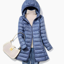Women's Long Quilted Jacket with Detachable Hood | Hannah in Pink - Juana Fashion