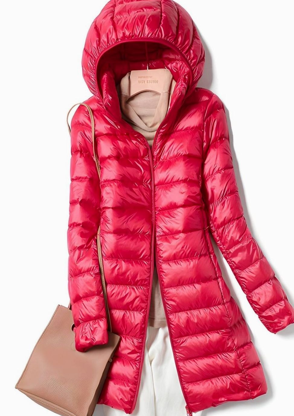 Women's Long Quilted Jacket with Detachable Hood | Hannah in Pink - Juana Fashion