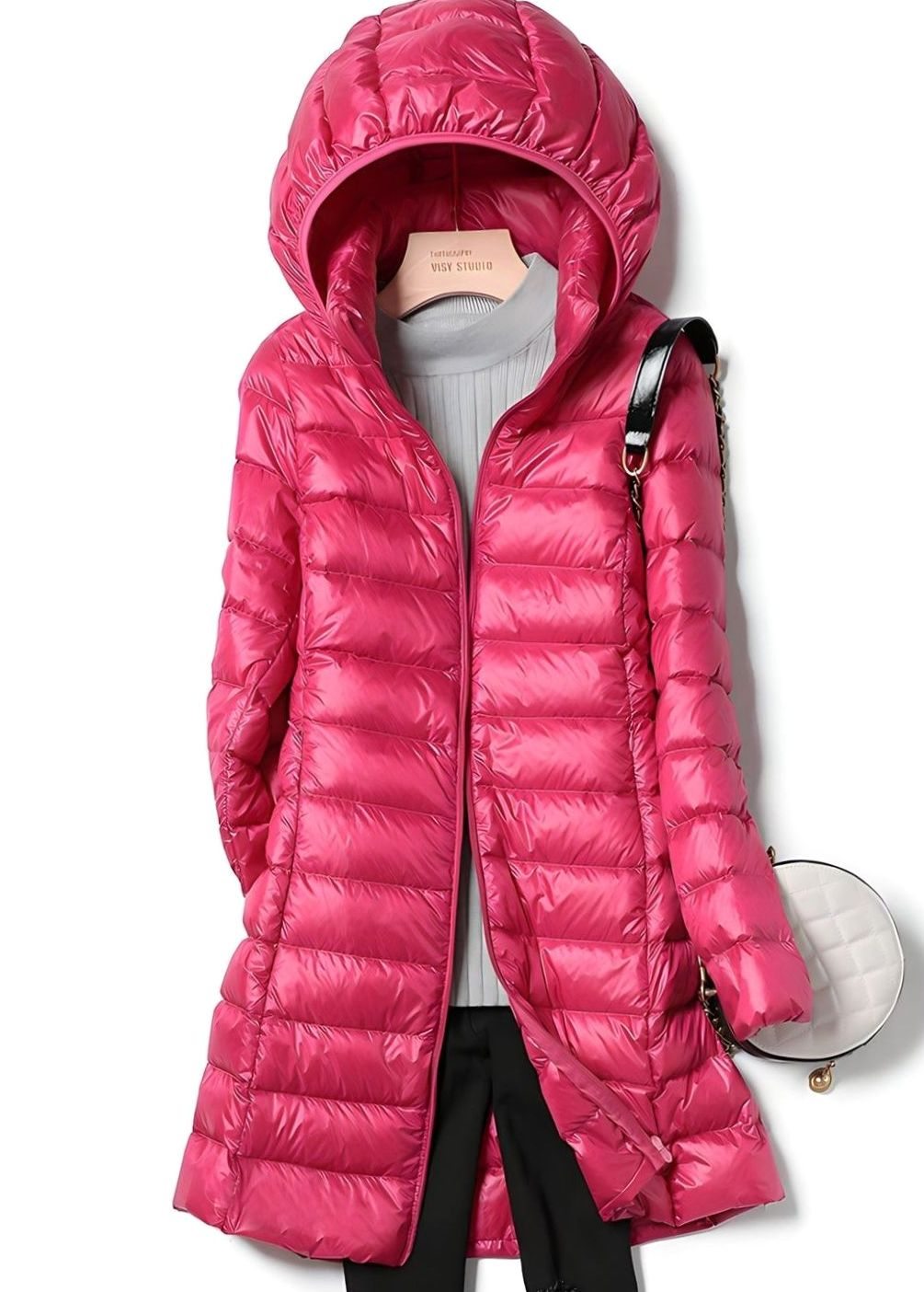 Women's Long Quilted Jacket with Detachable Hood | Hannah in Black - Juana Fashion