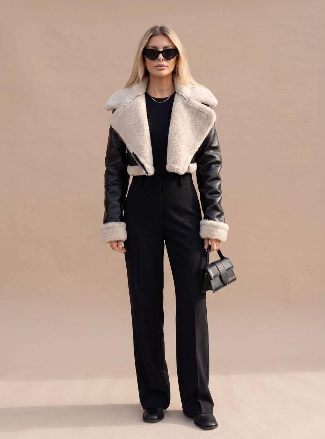 Women's Cropped Faux Leather Biker Jacket with Sherpa | Nora - Juana Fashion