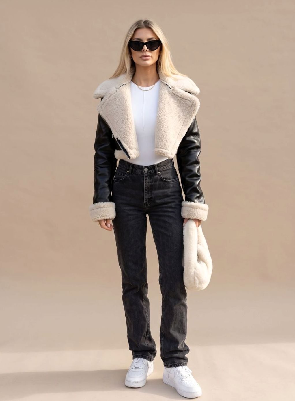 Women's Cropped Faux Leather Biker Jacket with Sherpa | Nora - Juana Fashion