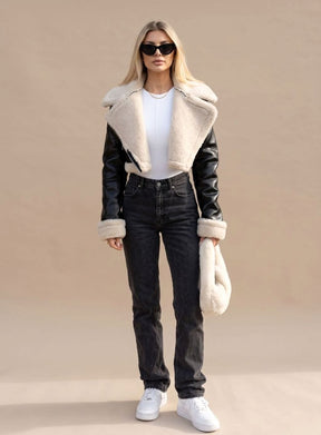 Women's Cropped Faux Leather Biker Jacket with Sherpa | Nora - Juana Fashion