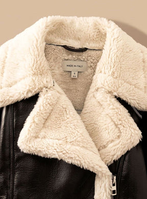 Women's Cropped Faux Leather Biker Jacket with Sherpa | Nora - Juana Fashion