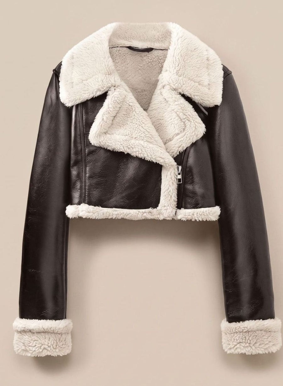 Women's Cropped Faux Leather Biker Jacket with Sherpa | Nora - Juana Fashion