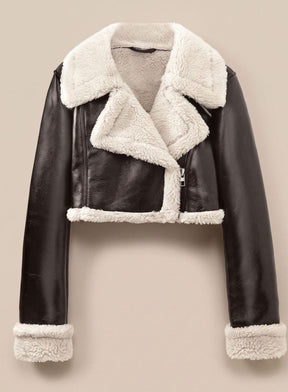 Women's Cropped Faux Leather Biker Jacket with Sherpa | Nora - Juana Fashion
