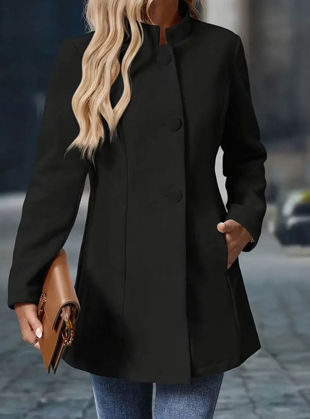 Women's Button-Front Stand-Collar Winter Coat | Amelie in Black - Juana Fashion
