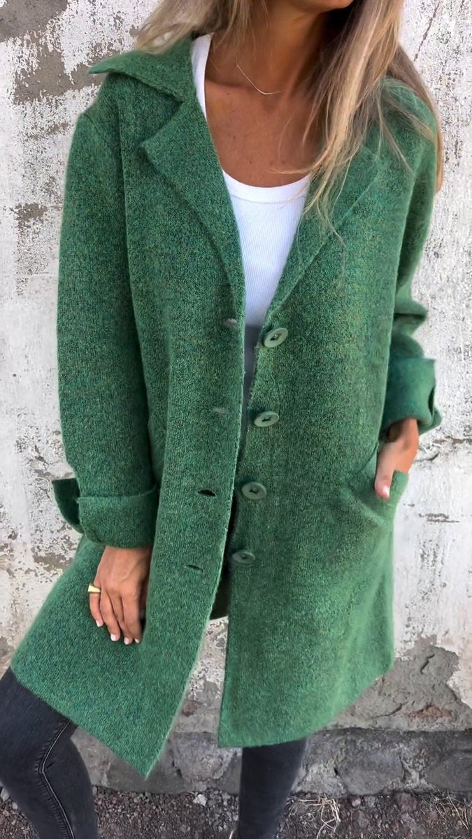 Women's Long Button-Front Coat with Lapels | Nora in Green - Juana Fashion